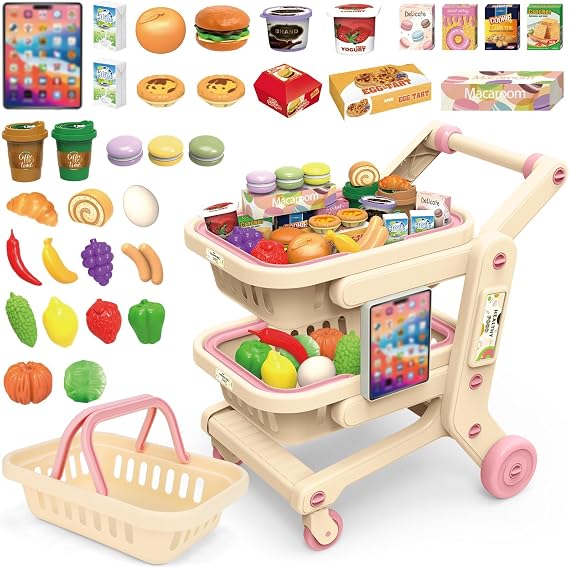 deAO Kids Shopping Cart Trolley Pretend Play Toy with 2 Shopping Basket