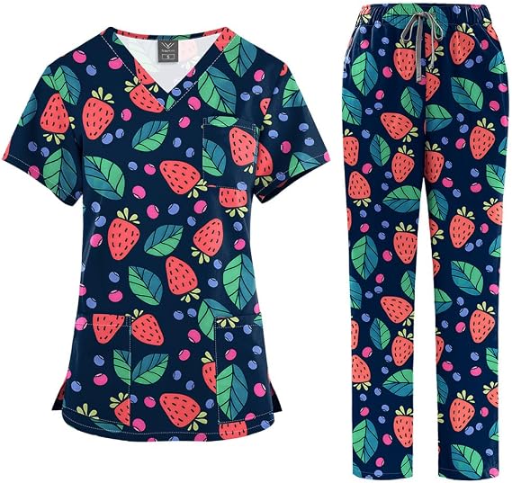 Spring Summer Thin Flower Style Scrub Set for Nurses and Doctors Work Wear Uniforms Breathable Top and Pant Set (S,strawberry)