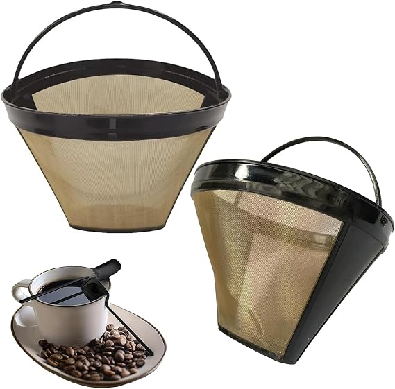 2Pcs Gold Coffee Filter for Ninja, Reusable Style Cone Coffee Filters Basket, Washable Coffee Mesh Basket Cup, Replacement Permanent Basket Filter