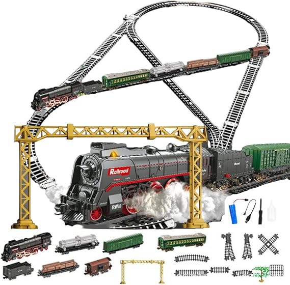 RC Train Set with Light and Sound- Electric Xmas Tree Model Train with Carriage and Long Oval Track, Festival Gift for Family