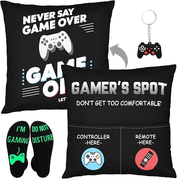 Gamer Gifts for Teenage Boys Men, Gaming Accessories for Room, for Gamers, Game Room Decor, Gaming Pillow Case and Socks Video Game Gifts Set for Teen Boys Men Son Husband 18" x 18"