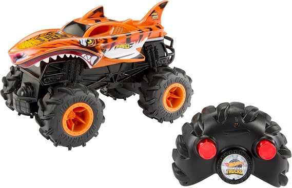 Araziye ve aksiyona uygun tekerlekleri ile uzaktan kumandalı, 1:24 ölçekli büyük Hot Wheels Monster Trucks Tiger Shark oyuncak kamyon, HNV03