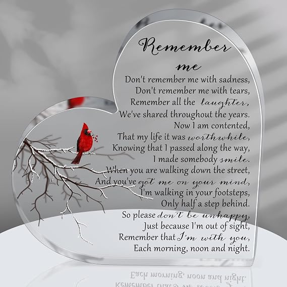 Yookeer Sympathy Gift Acrylic Heart Shape Memorial Bereavement Gifts for Loss of Loved One Red Cardinal Remembrance Condolence Funeral Grief Keepsake for Mom Dad Grandma Friend(Bird Style)