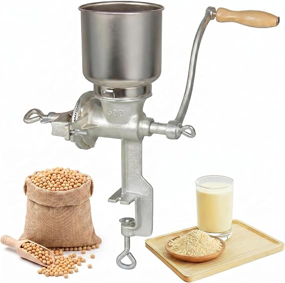 Heavy Duty Cast Iron Grain Mill - Hand Crank Manual Grinder with Table Clamp for Corn,Wheat,Oats & Home Brewing (Silver)