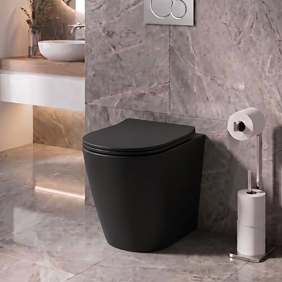 Affine® Modern Bathroom Cloakroom Back to Wall BTW Rimless Toilet Space Saving Small WC Toilets Soft Close Top Fix Seat D Shape Pan Ceramic, Matt Black