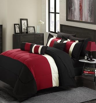 Empire Home 8-Piece Oversized Red & Black Comforter Set Queen Size Bedding with Sheet Set