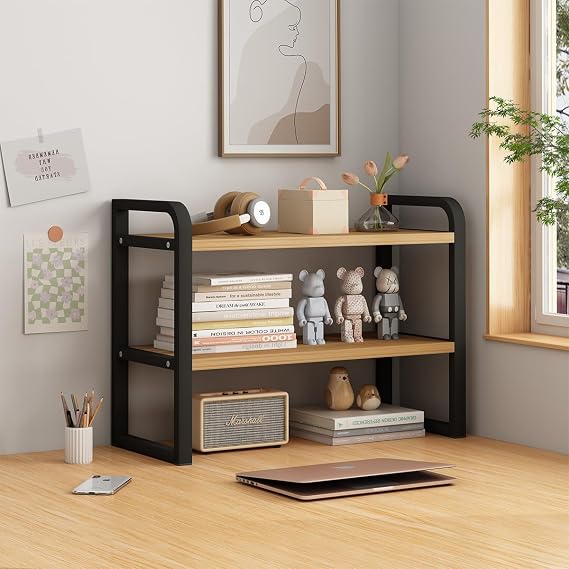 Office Desk Shelf Organizer, Wood Desktop Bookshelf Supplies Storage Rack, Shelf for Top of Desk and Dresser and Cubicle Decor Aesthetic Bookshelf (Black Wood-Two Tier)
