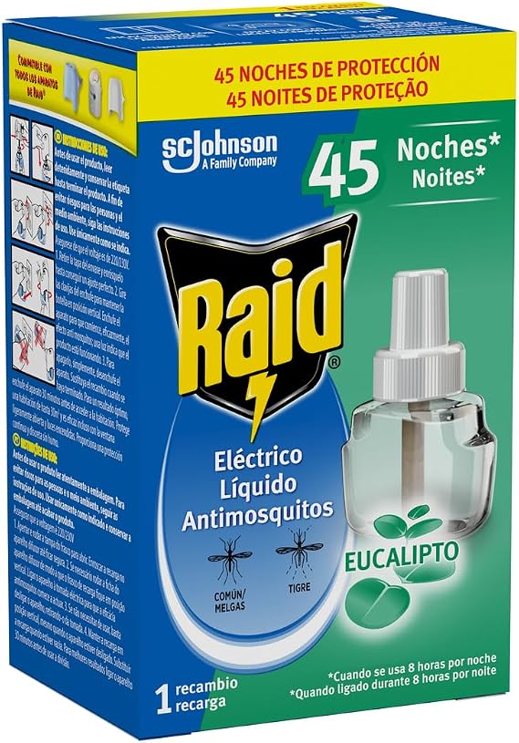 Raid - Replacement for Electric Diffuser Anti Common Mosquitoes and Tiger Aroma Eucalyptus, 45 Nights, 1 Refill