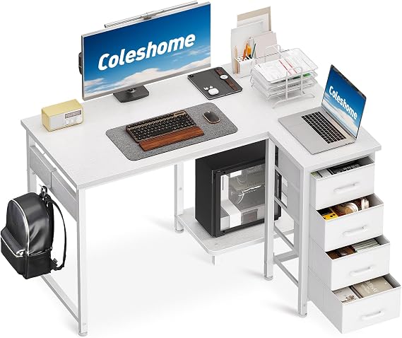 Coleshome Small Corner Desk with Drawers for Home Office, 100x70 cm, White