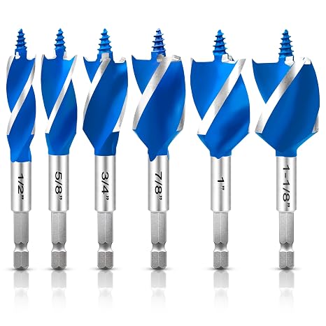6Pcs Auger Drill Bit Set for Wood, 1/2", 5/8", 3/4", 7/8", 1"& 1-1/8" Size