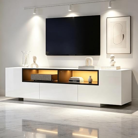 Mueble de TV con 2 puertas, LED para televisor hasta 75", mueble de TV bajo con gran espacio de almacenamiento, con 2 puertas, para salón, comedor, dormitorio, blanco