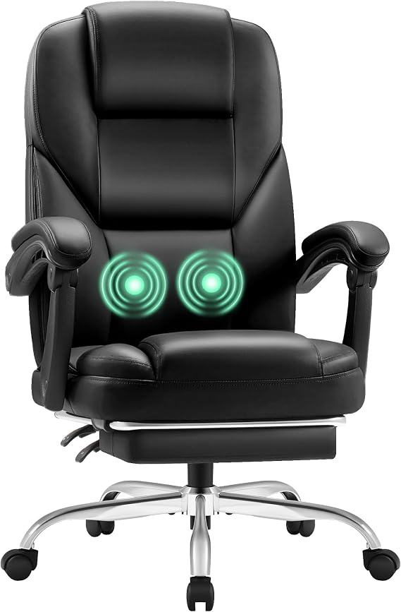 Furmax Massage Office Chair with Foot Rest Executive Big and Tall Office Chair Ergonomic Home Office Desk Chairs, Reclining High Back Leather Chair with Lumbar Support, 400LBS (Black)