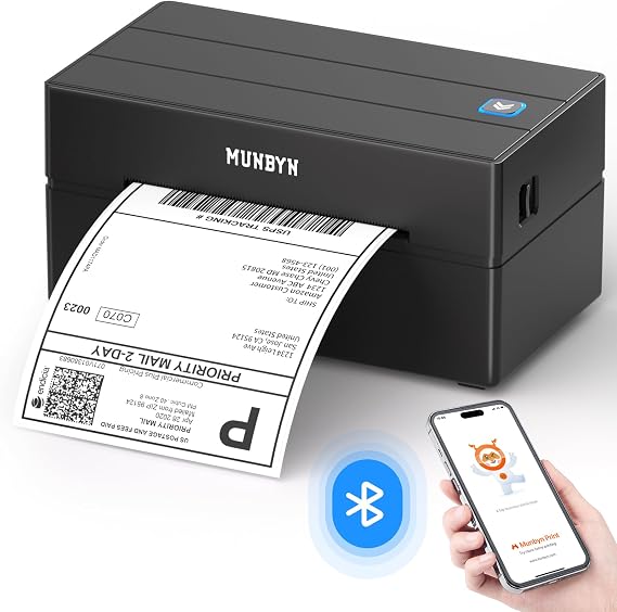 MUNBYN Shipping Label Printer Bluetooth, Postage Thermal Label Printer 4x6 for Business, Compatible with Etsy, Shopify, Amazon, Royal Mail, DHL, DPD, Evri, with 25 Labels, 130B, Black