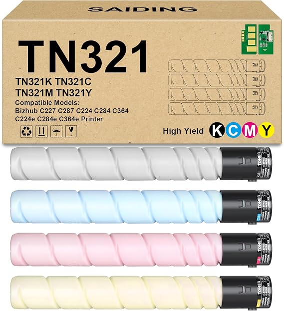 SAIDING TN-321 TN321 TN 321 Toner Cartridge Compatible for Konica Minolta Bizhub C224 C284 C364 C7822 C7828 Printer(4Pack Black Cyan Magenta Yellow)