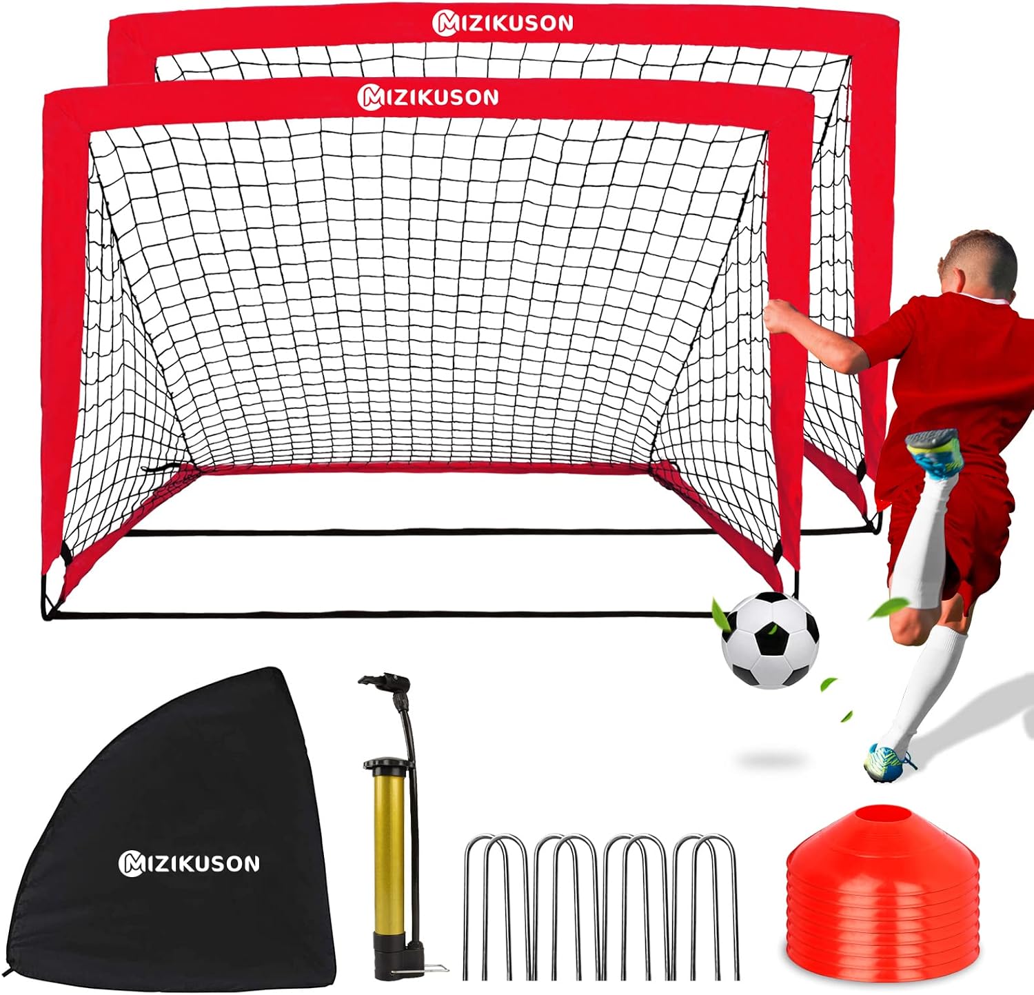 Portable Soccer Goals for Backyard, Kids Soccer Net Set of 2, 4' x 3' Indoor Pop Up Toddler Soccer Goal, Soccer Training Equipment for Kids and Youth, with 8 Soccer Training Cones, Soccer Ball