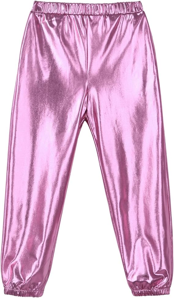 Kids Girls Boys Shiny Metallic Dance Harem Pants Athletic Leggings Hip Hop Street Dancewear