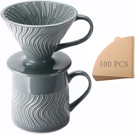 Pour Over Coffee Maker with 100 Sheets of Paper Filter, 450 ml Ceramic Coffee Mug & Coffee Dripper, 1 Cup-Single brew coffee set, Grey