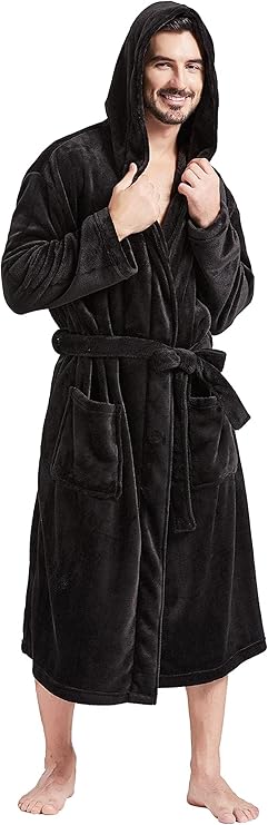FashGudim Mens Hooded Robe Plush Shawl Collar Kimono Bathrobe Soft Warm Flannel Fleece Spa Robes House Coat Pajamas