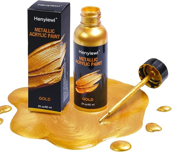 Liquid Gold Leaf Paint, 2oz/60ml Metallic Gold Acrylic Paint, Non Toxic Non Fading Quick-Drying Touch-Up Paint for Metal, Wood, Plastic, Canvas, Fabric, Furniture Scratch Repair & Art Handcrafts
