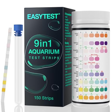 EASYTEST 9-in-1 Aquarium Test Strips - 150PCS Fish Tank Water Kit to Detect Total Hardness, PH, Nitrite, Nitrate, Chlorine, Alkalinity, Carbonate, Iron and Copper - Easy & Fast