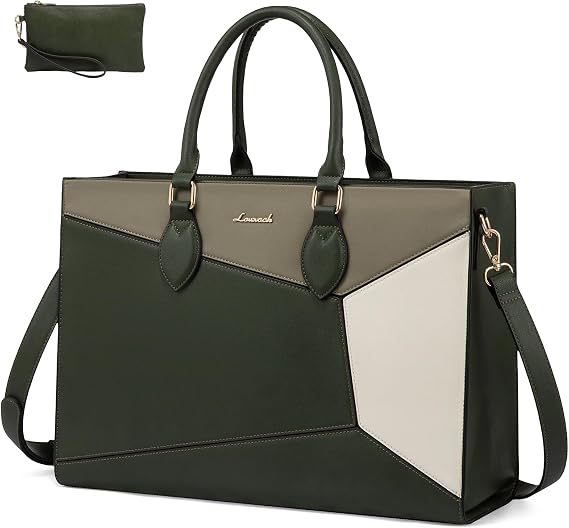 LOVEVOOK Laptop Bag for Women,17 lnch Waterproof Lightweight Leather Tote Bag,Professional Business Office Work Bags with Clutch Purse,Large Capacity Computer Shoulder Handbag,Green-Green-White