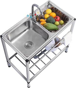 Utility Sink 2 Compartment Stainless Steel Industrial Garage Sink Free Standing Sink w/Cold Hot Water Pipe Faucet Commercial Restaurant Sink for Workshop Indoor Outdoor 32.7" x 17.3" x30.3"