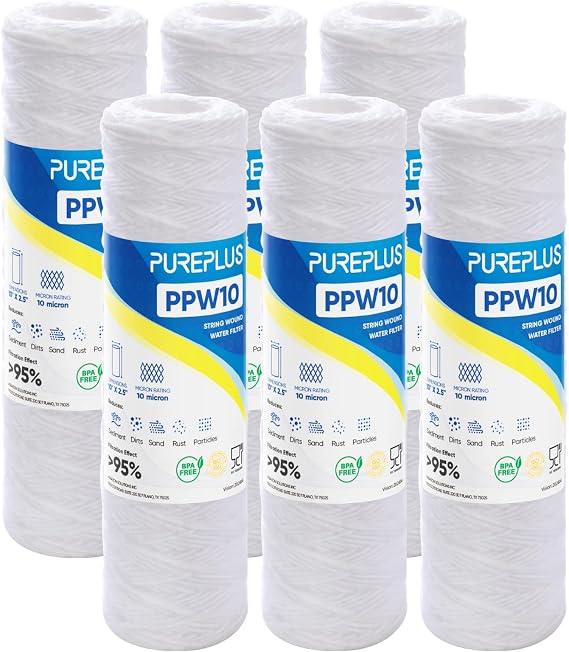 PUREPLUS ピュアプラス 10ミクロン 10インチ x 2.5インチ ハウス全体ストリング創傷堆積物フィルター 井戸水用 ユニバーサル10インチROシステム交換用カートリッジ WP-5 Aqua-Pure AP110 CFS110 Culligan P5 WFPFC4002 6パック