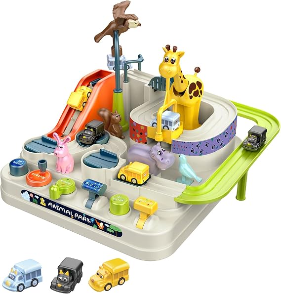Ferthor Fun Car Rescue Adventure Toys for Boys - Race Tracks with Zoo Ramp & 3 Mini Cars for 3-6 Year Olds