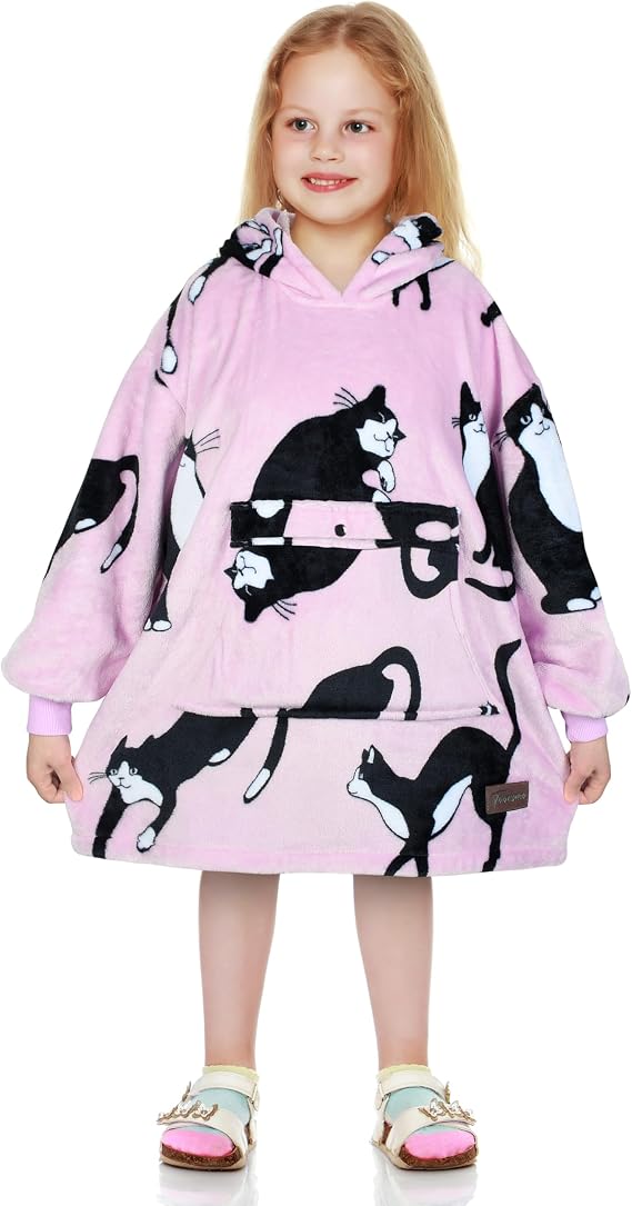 Tirrinia Oversized Hoodie Blanket Sweatshirt for Kids, Wearable Cute Patterns fleece Pullover, as Warm & Funny Gifts for 4-10 Years Boy Girl