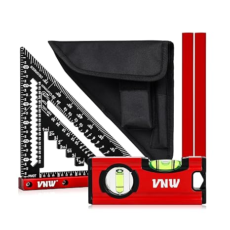 VNW 7inch Rafter Square with Carpenter Pencil, 1/8" Precision Heavy Duty Aluminum Woodworking Rule,Triangle Ruler Measuring Layout Tool (Black, Rafter Square with Bag)
