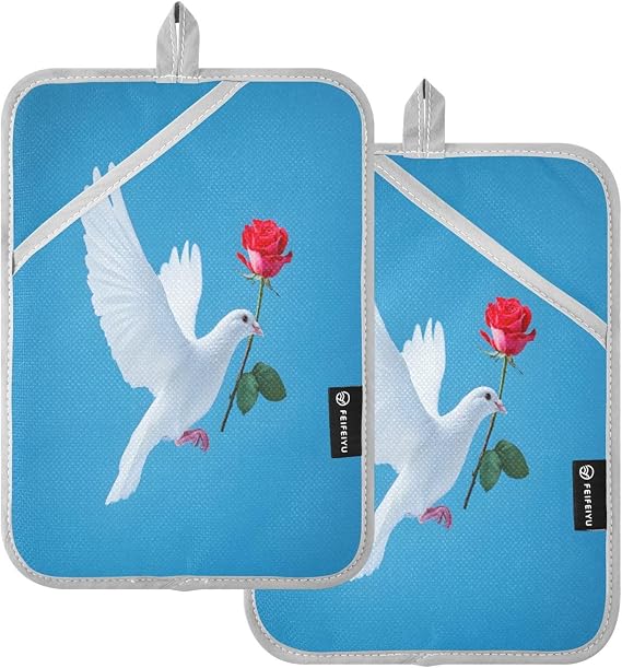 Oven Microwave Potholders Set of 2, White Dove Rose Oven Gloves for Kitchen Cooking Baking Heat Resistant Thick Safe Hands Oven Mitt
