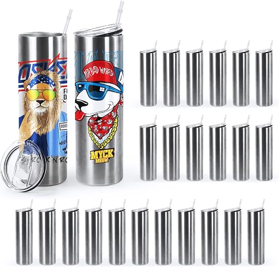 Sublimation Blanks 25Pcs Sublimation Tumblers 20 oz Skinny Straight Stainless Steel Double Wall Insulated Cups Tumblers Bulk with Lids and Straws, Individually Boxed, Silver