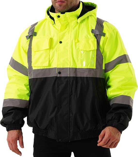 FFTSAFEWARP FORTRESSWEAR Hi-Vis Safety Jacket for Men, High Visibility Reflective Hooded Jacket ANSI/ISEA 107-2020 Type R Class 3, Safety Bomber Jacket with Pockets (Black Bottom Lime,S)
