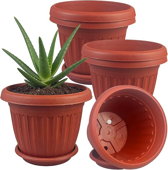 6 Pack Plastic Plant Pots 16cm/6.3-in Flower Pots with Drainage Holes and Tray Modern Decorative Planter Pot Indoor Outdoor Planters for All House Plants