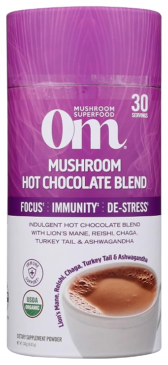 Om Mushroom Superfood Hot Chocolate Blend Mushroom Powder, Dutch Cocoa, 2g of Sugar, 25 Calories, Lion's Mane, Reishi, Chaga, Turkey Tail, Focus and Stress Support, 240g, 8.47 Oz
