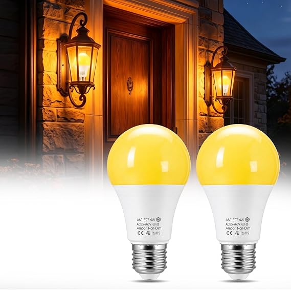 Bonlux E27 Screw Light Bulb Warm Yellow Amber Glow Light 2200K Warm Yellow Glow, A19 9W ES Screw in Bulb Blue Light Blocking for Sleep Bedroom Nursery Porch Patio Backyard Deck, Non-Dimmable, 2-Pack