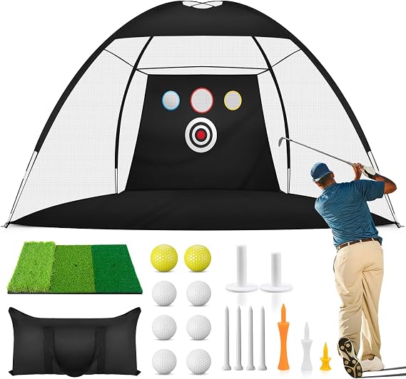 10x7Ft Golf Practice Net, Golf Net for Backyard Driving Real GolfBalls, All in 1 Golf Hitting Nets with Tri-Turf Mat, Impact Target, 10 Balls, 7 Tees, 2 Rubber Tees, Carry Bag