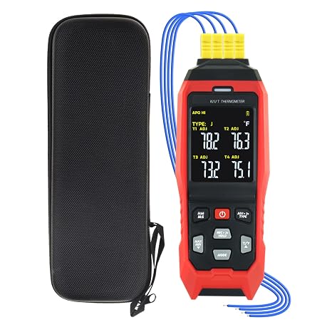 Thermocouple Thermometer Data Logger 4 Channels Digital K Type Thermometer, Real-Time Data Logging, Temperature Data Logger, 5000 Groups Record, Audible/Visual Alarms, Wide Range -328~2501°F