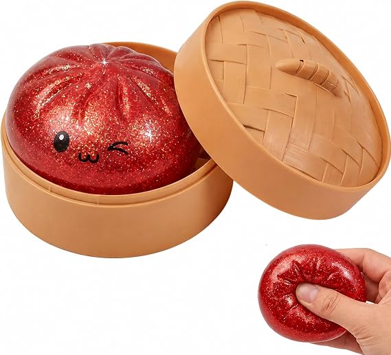 suction 1 PCS Dumpling Squishy, Glitter Dumpling Squishys with Steamer, Portable Aid with Glitter Accents, Red Glitters Dumplings Design with Steamer Container