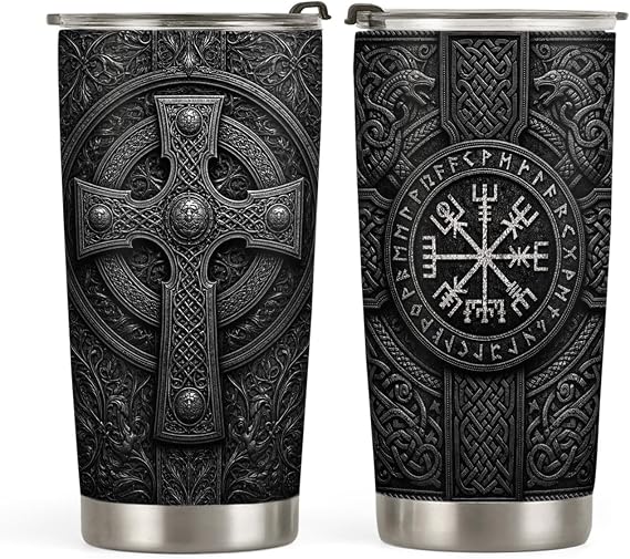 20oz Norse Celtic Cross Vegvisir Viking Tumbler, Norse Mythology, Viking Gifts, Gothic Medieval Coffee Tumbler for Men, Stainless Steel Double Wall Vacuum Insulated Coffee Mug, Travel Cup with Lid