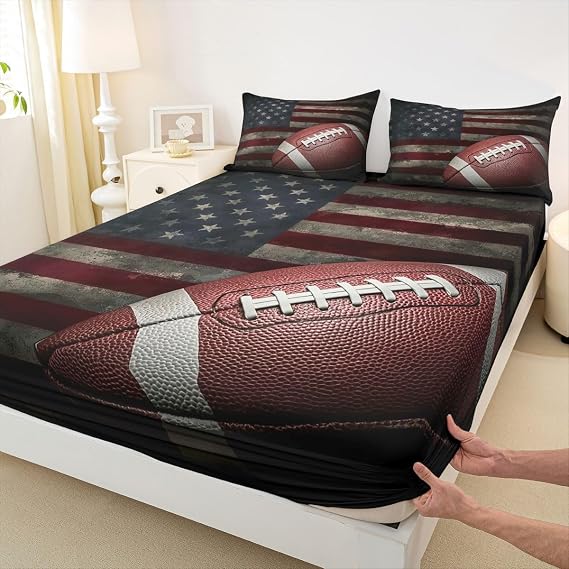 Erosebridal American Flag Fitted Sheet, Boys Football Bed Sheets Twin Soccer Sports Games Bedding Set United States Federations Stars Stripes Bedding Decor Set for Kids Teens Adult Bedroom Decor