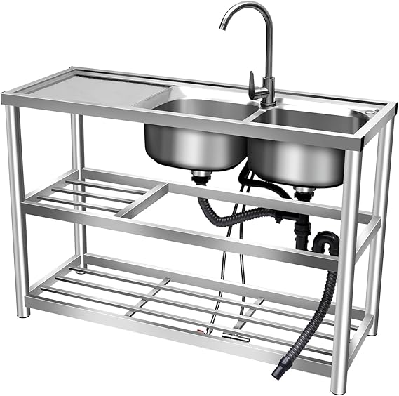 Double Bowl Sink Stainless-Steel Freestanding Commercial Restaurant Kitchen Sink Set w/Faucet & Drainboard 2 Compartment Utility Washing Hand Basin w/Workbench & Storage Shelves