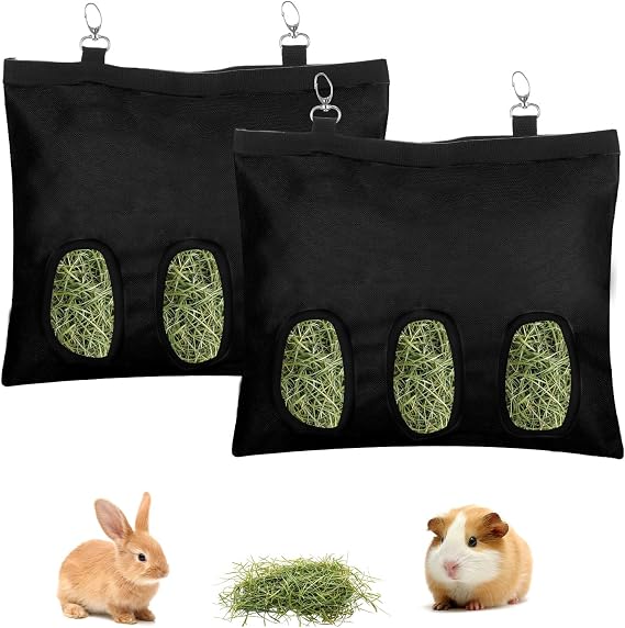 2 Pcs Rabbit Hay Feeder,Guinea Pig Hay Feeder,1310.8 Inch Guinea Pig Bag,Small Animal Feeding Bag for Rabbits, Hamsters, Hedgehogs (3 Holes,Black)