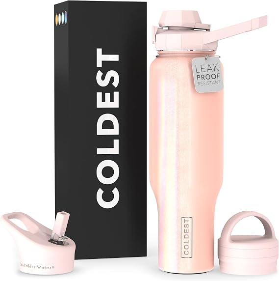 Coldest Sports Water Bottle - 3 in 1 Lids (Chug, Straw, Handle) - Insulated Stainless Steel Tumbler with Handle - Vacuum Water Flask Cup, Valentines Gifts for Him Her (46 oz, Forever Pink Glitter)