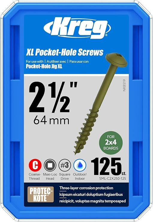 Kreg Protec-Kote Pocket Screws - SML-C2X250-125 - Weather Resistant Pocket Screws - 2-1/2-Inch - Coarse Thread - Maxi-Loc Head - Outdoor - 125 Count