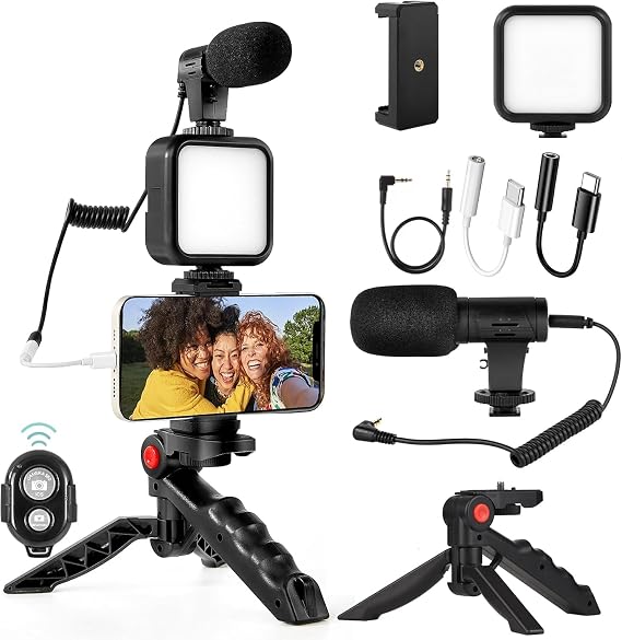 Vlogging Kit with Microphone, LED Light, Tripod & Remote for iPhone & Android (iPhone & Android Compatible, Battery-powered LEDs Light)