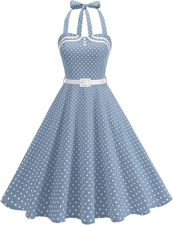 Womens Polka Cocktail Swing Dresses: 50s Vintage Buttons Belted Halter Neck - Audrey Hepburn Style Dress for Prom Party