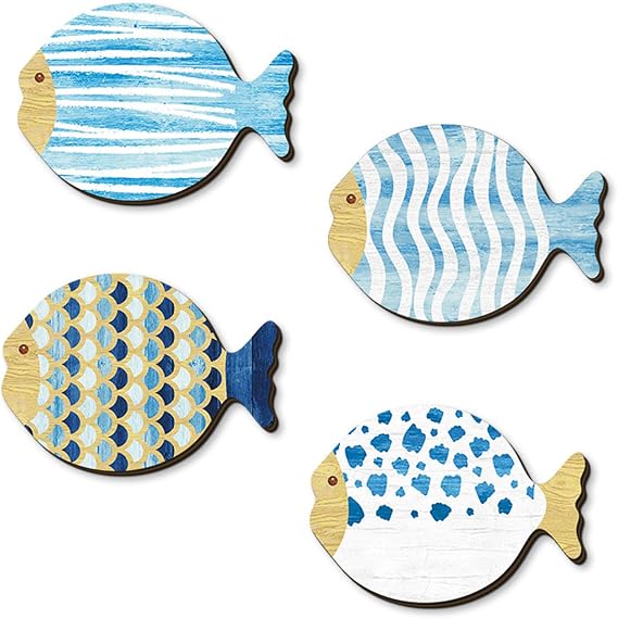 4pcs Wooden Fish Wall Art Set, Blue Fish Hanging Sculptures Nautical Coastal Wall Art, Ocean Beach Theme Decor Ornaments for Lake House Bathroom Bedroom Home Indoor Outdoor Patio Porch Office