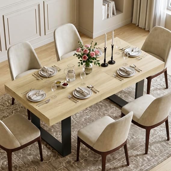 ROCSUMOO Dining Table 120-160cm Extendable Table Wooden Kitchen Table Long Expandable Dining Tables for Living Room Home 4-6 Peoples (Natural Wood)