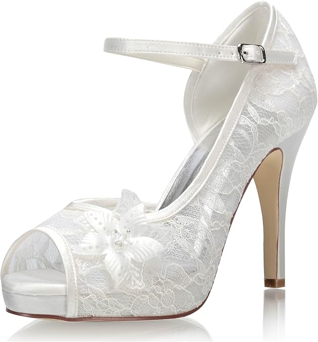 JIAJIA 154814 Women's Bridal Shoes Peep Toe 4.1'' High Heel Lace Satin Pumps Flower Wedding Shoes